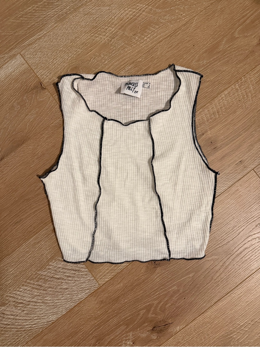 Princess Polly Cream Ribbed Crop Tank with Black Contrast Trim